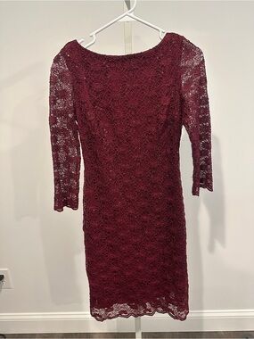 Calvin Klein Burgundy Lace Midi Wedding Guest Dress 3/4 Sleeve